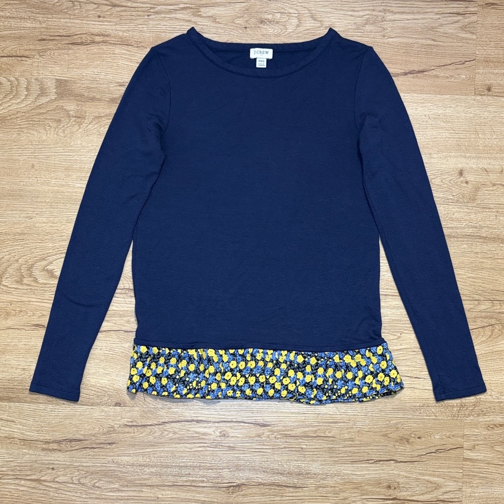 J Crew Long Sleeve Pleated Floral Hem Layered Look Top Size  XXS